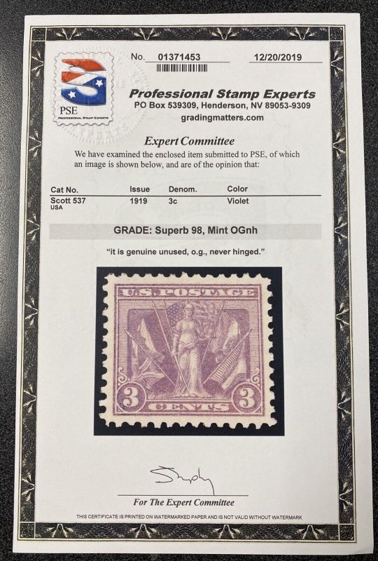 Scott 537 1919 3C PSE Certified Superb 98 Mint OGnh Violet