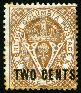 British Columbia #8 1867-1871 2c on 3D Black Surcharge on Brown Faintly Used