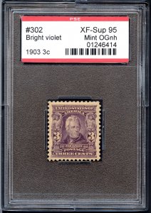 US SCOTT #302 MINT-XF-Sup-OG-NH GRADED 95 PSE ENCAPSULATED SMQ $825 (7/23/24 GP)