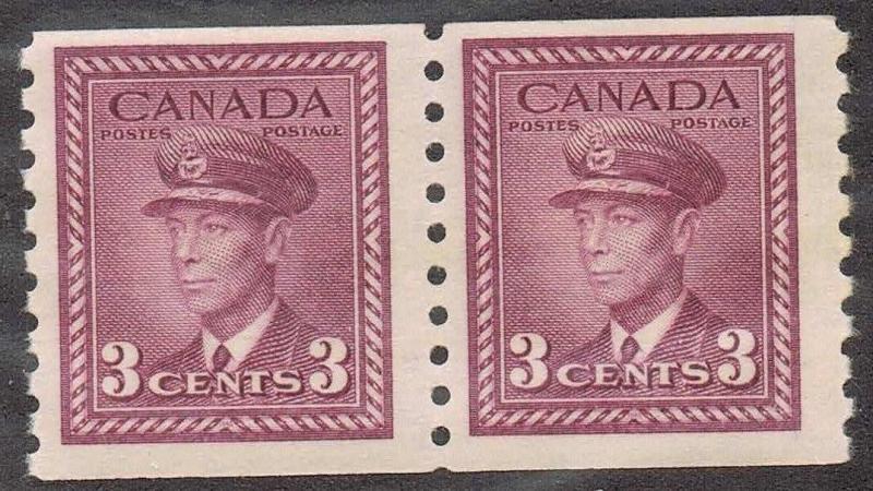 Canada #280 3c Rose-Violet 1948-1950 - Perf 9.5 Coil Pair - F-70 NH