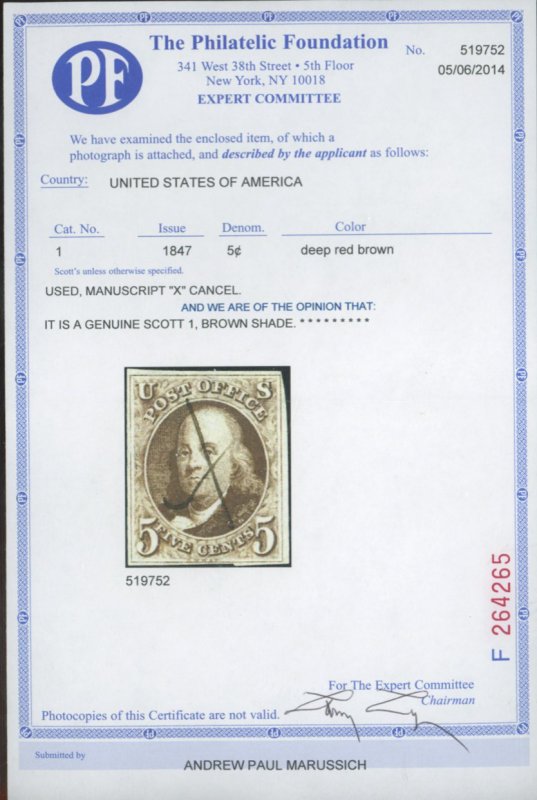 U.S. #1 USED WITH PF CERT MANUSCRIPT CANCEL, BROWN SHADE