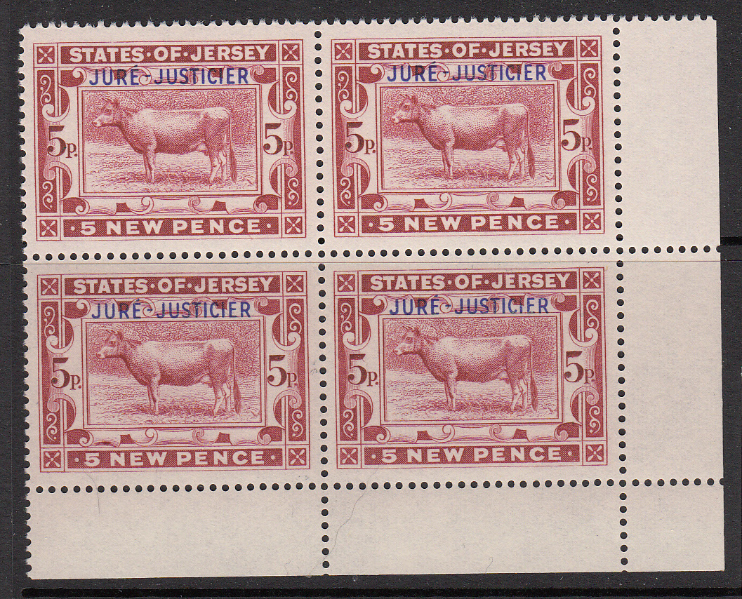 Jersey 5p Royal Court Revenue Block 4 JureJusticier overprint Great