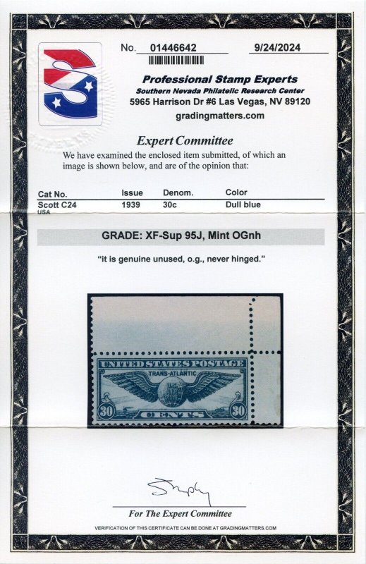 US SCOTT #C24 MINT-XF-SUP-JUMBO-OG-NH GRADED 95J SMQ $140 (10/14/24 GP)