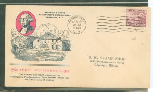 US 727 1933 3c Washington's headquarters, Newburgh, NY (single) peace with Britain on an addressed (handstamp) with a Li...