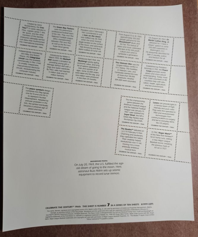 United States #3188 33c Celebrate the Century-1960s MNH pane of 15 (1999)