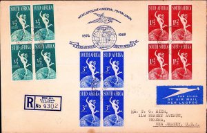 South  Africa 1949 UPU FDC Bocks Set Registered to USA  Sc  109-111 SG 128-130