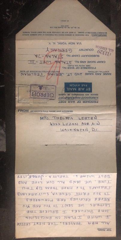 1944 Washington D Usa To Germany POW Camp Cover Luft Stalag 3 Prisoner J Perlman