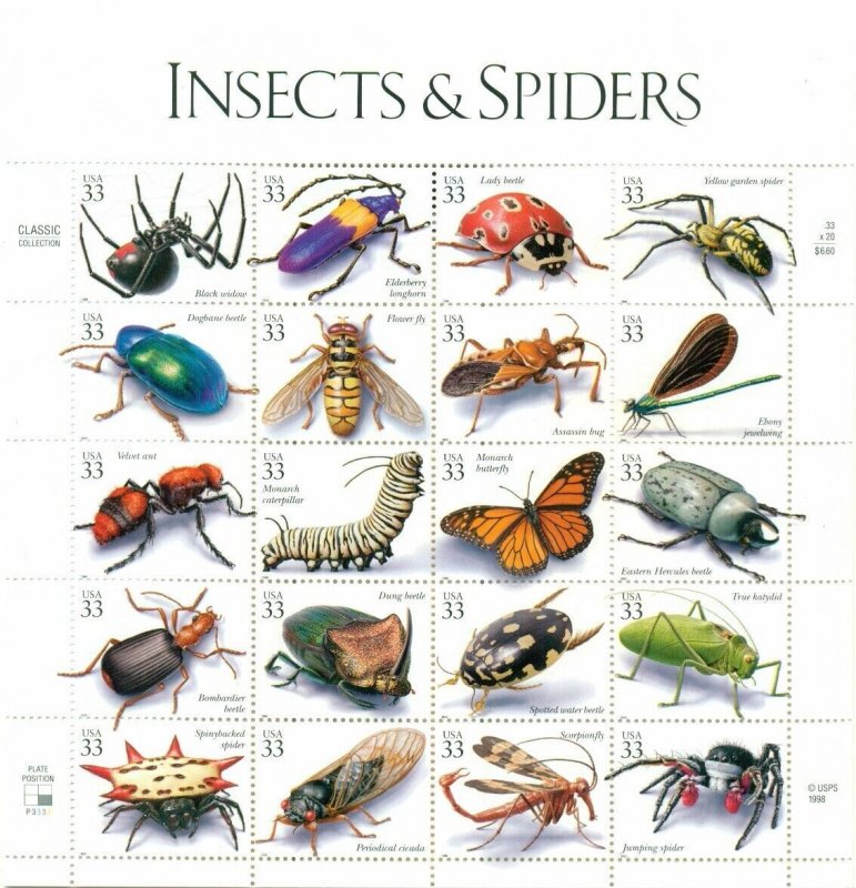 US: 1998 INSECTS & SPIDERS;  Sheet of 20 Dif, Sc 3391; 33 Cents Values 