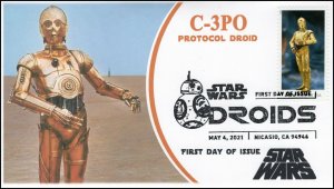 21-093, 2021,Star Wars Droids, C-3PO, First Day Cover, B/W Pictorial Postmark, 