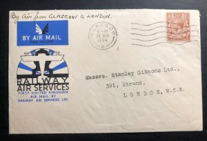 1934 Glasgow Scotland England First Flight Railway Airmail Cover To London