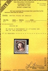 U.S. #417 MINT OG NH PFC Cert
