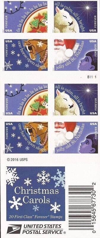 US Stamp 2017 Christmas Carols Booklet of 20 Forever Stamps Scott #5247-50