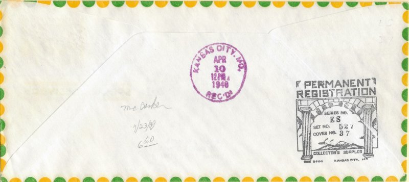 1948 FDC, #955, 3c Mississippi 150th, Pent Arts M-28, #10 envelope