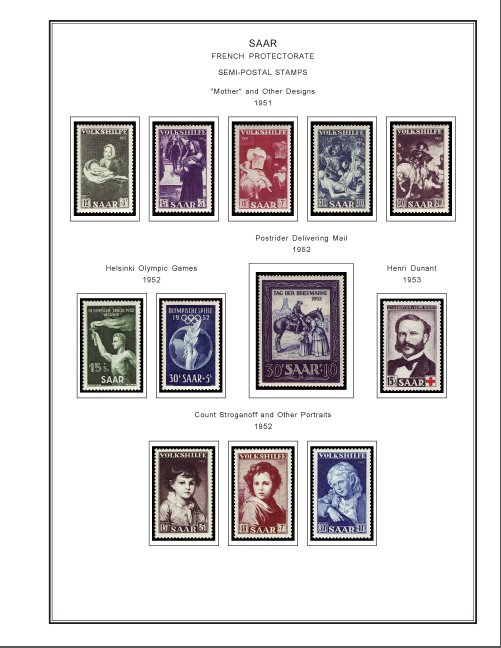 SAAR [SAARLAND] STAMP ALBUM PAGES 1920-1959 (39 color illustrated pages)