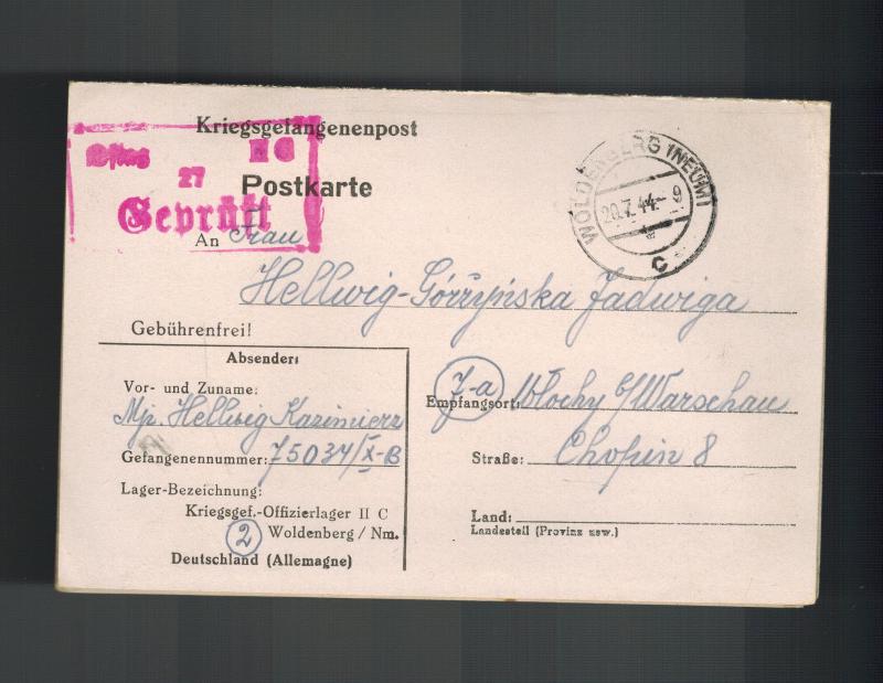 1944 Poland Germany Oflag 2C Prisoner of War POW Camp Woldenberg DualReply Cover