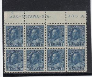 CANADA # 115 VF-MNH PLATE BLOCK OF 8 KGV 8cts ADMIRAL'S CAT VALUE $960++++++++++