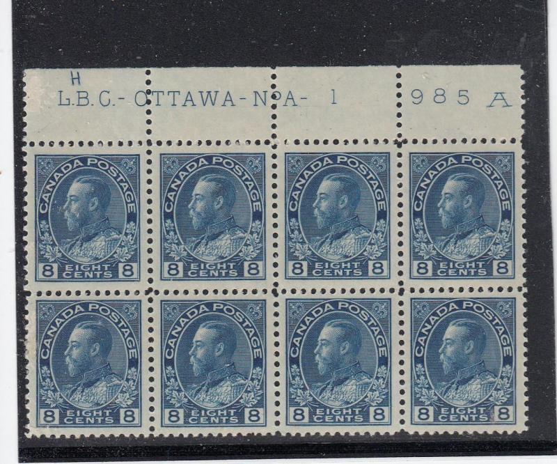 CANADA # 115 VF-MNH PLATE BLOCK OF 8 KGV 8cts ADMIRAL'S CAT VALUE $960++++++++++