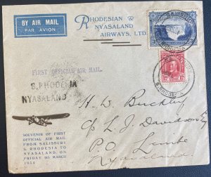 1934 Salisbury S Rhodesia First Flight Airmail Cover To Limber Nyasaland FFC