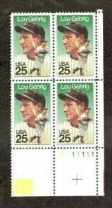 1989 Lou Gehrig Plate Block of 4 25c Postage Stamps, Sc# 2417, MNH, OG