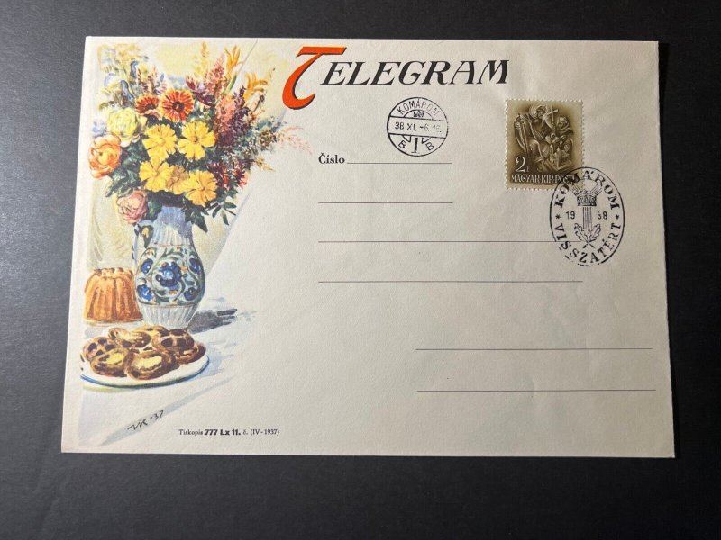 1938 Hungary Telegram Cover Komarom Visszatert Flower Vase Desserts Pastry