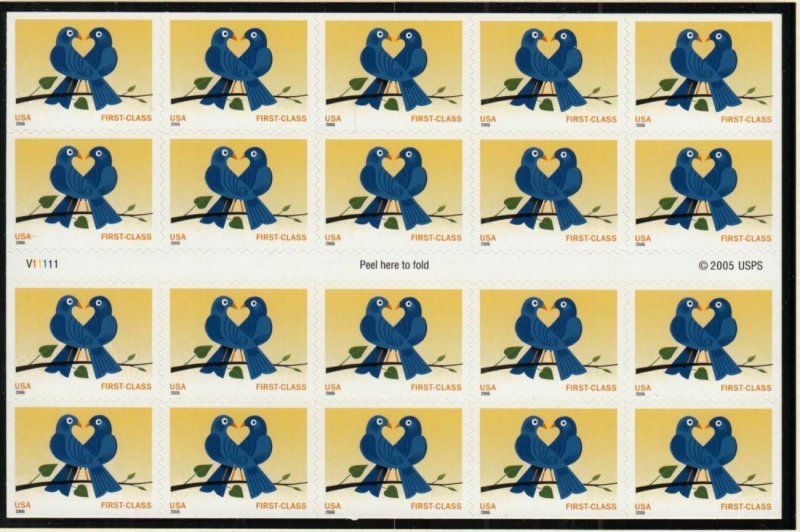 2006 Love & Bluebirds Sc 3976a (39c) booklet pane of 20 plate number V11111