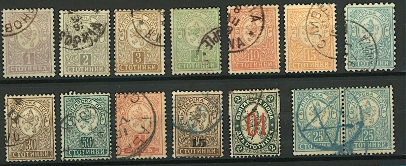 Bulgaria 1889/95 range of small lion issues and surch (14v) FU Stamps