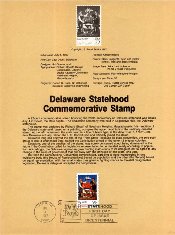 US SP800 Delaware Statehood 2336 Souvenir Page FDC