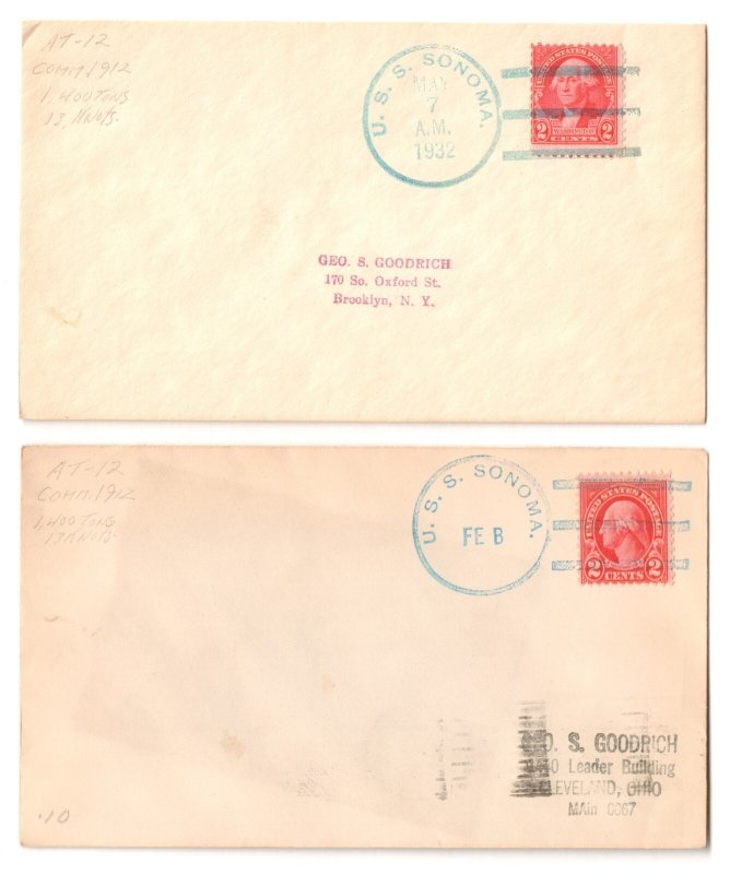 USS SONOMA (AT-12) FLEET TUG TOWING 1932 Ship Cancel Naval Covers