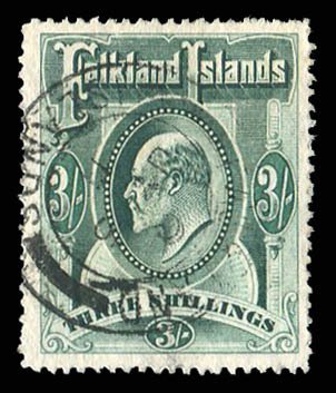 Falkland Islands #28 (SG 49) Cat£160, 1904-7 3sh gray green, used