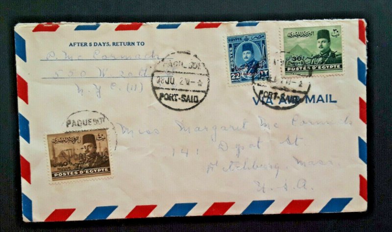 1921 Port Said Egypt To Fitchburg Massachusetts Airmail Cover