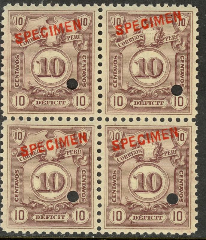 PERU 1921 10c Postage Due Block of 4 Ovptd SPECIMEN ABNC Punch Sc J47 MNH