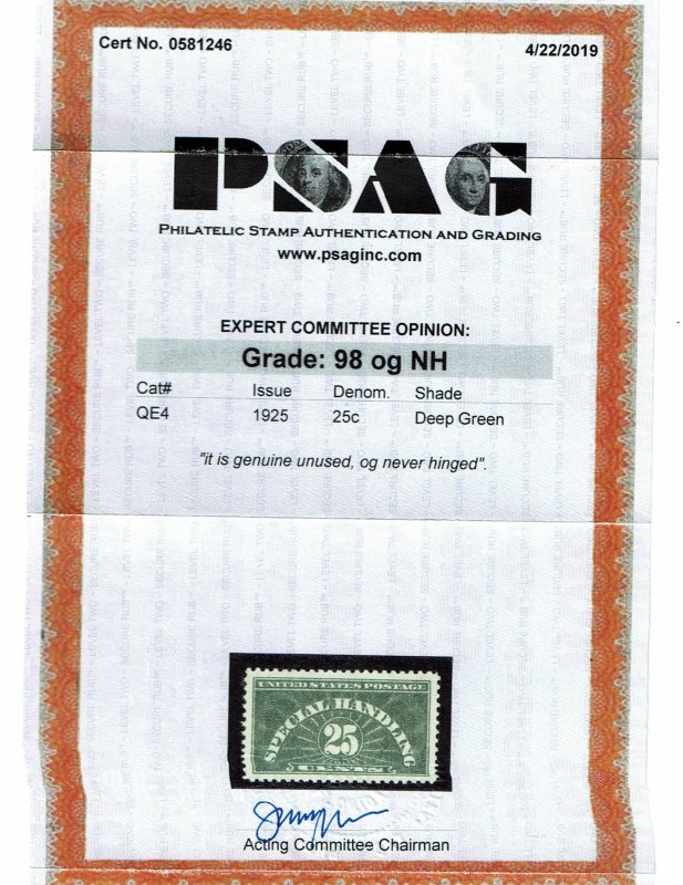 Scott #QE4 Superb-OG-NH. With 2019 PSAG certificate.