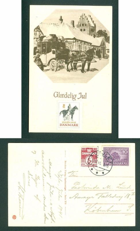 Denmark. Christmas Card 1941 With Seal + 5+10 Ore,Bering. Postman.Mail Coach.