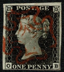 GB 1d Black. Plate 1a OB. Four margins cancelled by bright red Maltese Cross