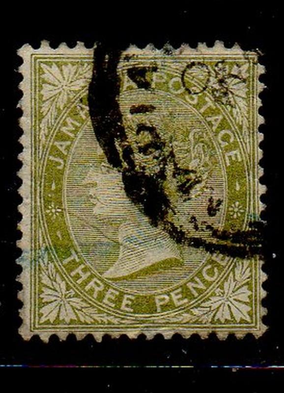 Jamaica Sc  21 1886 3 d olive green Victoria stamp used
