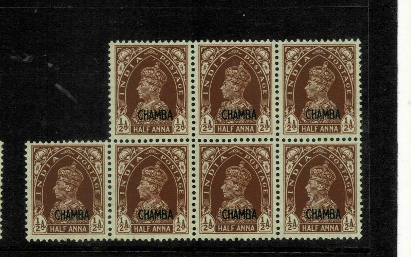  India- chamba state - 1942-47 - sg no 100 blk of 6 very high cv 500 gbp + lmm