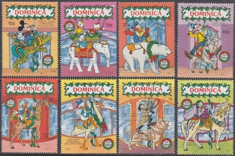 DOMINICA # 1271-8 DISNEY STAMPS CELEBRATING CHRISTMAS 1990 and CAROUSELS