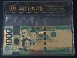 ​PHILIPPINES-2019F-24 KARAT GOLD REPLICA $1000 PESO BANK NOTE-WITH CERIFICATE VF