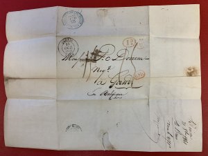 France, 1841 Stampless Cover/Folded Letter, sent from Garlin to Gand, Belgium