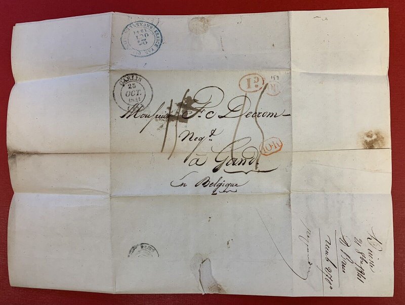 France, 1841 Stampless Cover/Folded Letter, sent from Garlin to Gand, Belgium