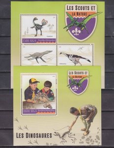 Malagasy Rep., 2016 issue. Scouts & Dinosaurs sheet of 3 and s/sheet. ^