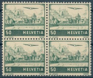 SWITZERLAND, AIRPOST 1941, 50 CENTIMES, VARIETY WHITE ROOF IN BLOCK OF 4 LH/NH