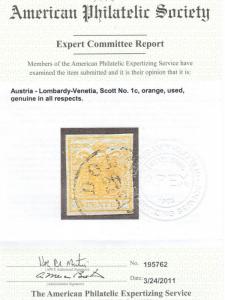 Austria Lombardy Venetia #1c Used Fine - Very Fine **With Certificate**