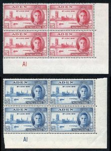 Aden SG28/9 1946 Victory Plate Blocks of Four M/M 