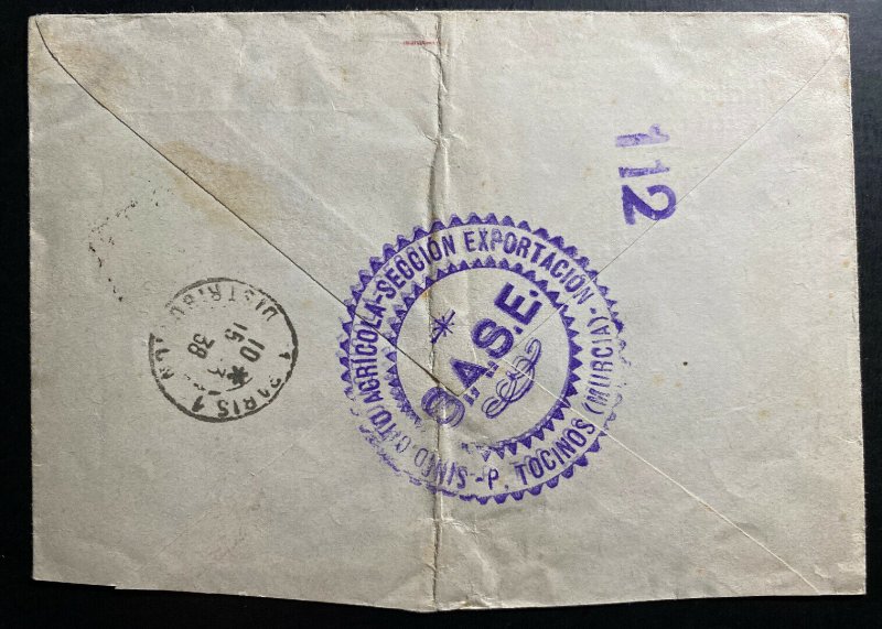 1938 Murcia Spain Agricultural Union Certified Cover To Paris France 