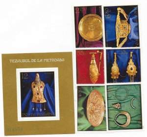 ROMANIA Sc 2428-34 NH SET+SOUVENIR SHEET of 1973 - GOLD ART