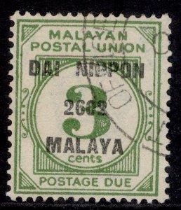 MALAYSIA - Japanese Occupation GVI SG JD29, 3c green, FINE USED. Cat £32.