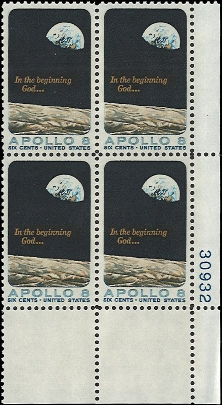 Scott # 1371 1969 6c gray, dp bl & bl  Rising Earth & Apollo 8 ; TAGGED Plate...