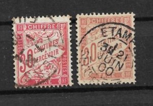 1894 France J34-5 shades of 30c Postage Due used
