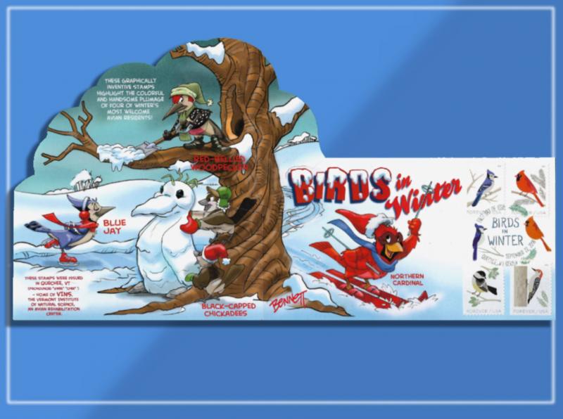 Birds in Winter - Four Species Enjoy Snowy Activities on Pop-Up Cachetoon FDC